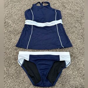 Lands End Tankini Swim Razor Back Navy Blue White Stripe Size 8 D Sport 2 Pieces